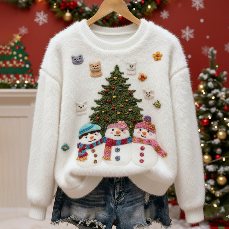 Christmas Tree And Snowman Pattern Women's Comfortable Plush Sweater