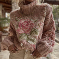 Women's Vintage Pink Rose Pattern Warm Knitted Turtleneck Sweater artswardrobe