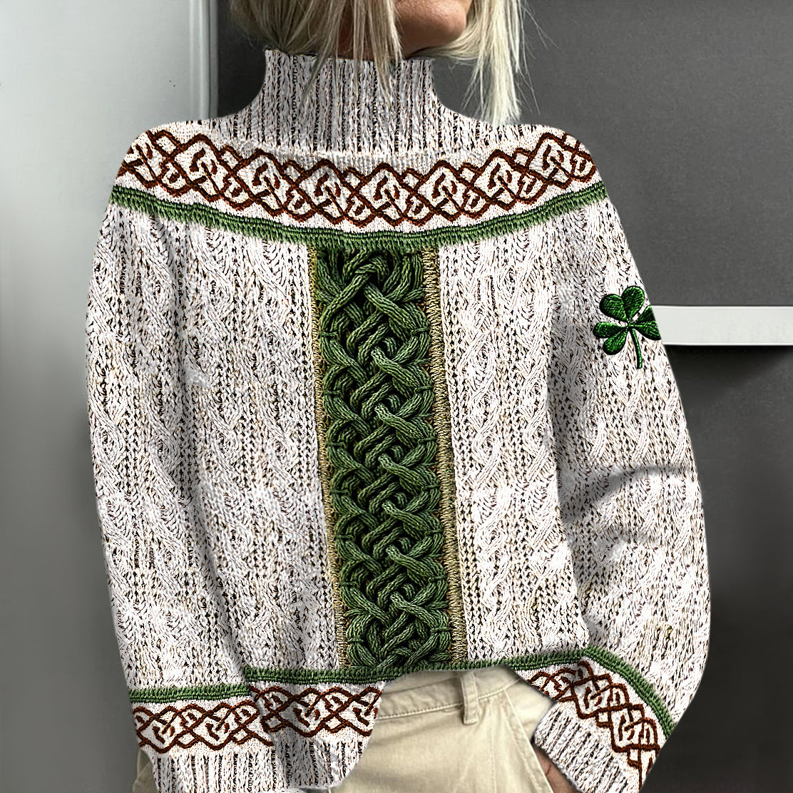 Women's Irish Celtic Knot Shamrock Contrast Jacquard Turtleneck Sweater artswardrobe