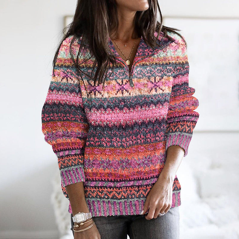 Vintage Ethnic Wavy Jacquard Contrast Print Stand Collar Zipper Sweater elevenforest