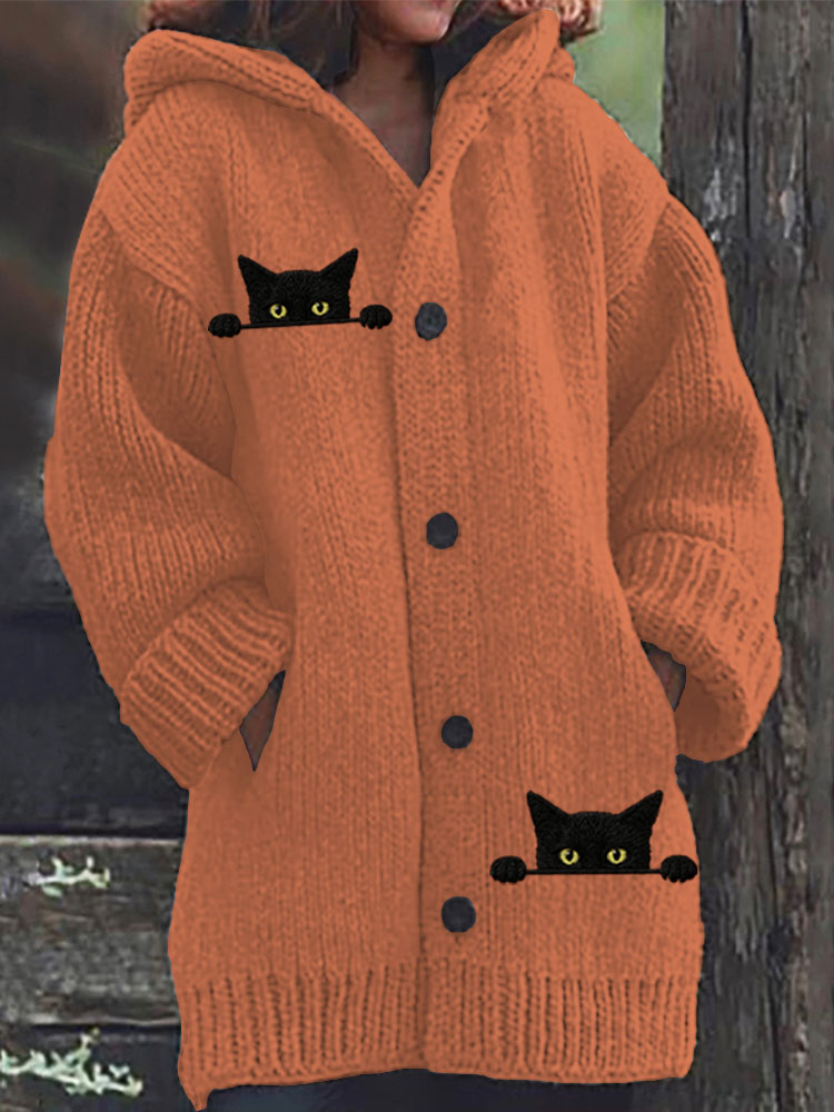 Women's Casual Funny Black Cat Print Hood Sweater elevenforest