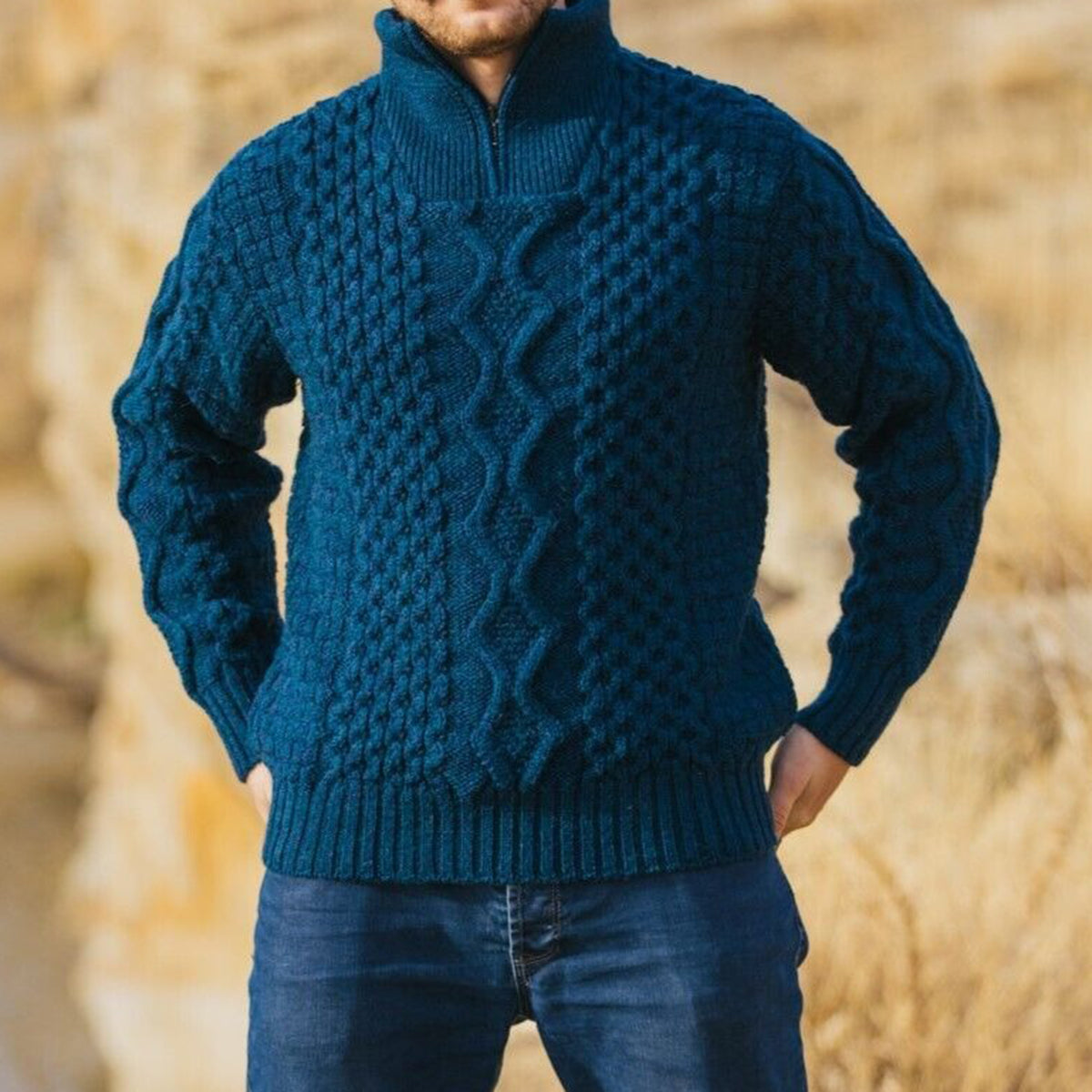 Men'S Vintage Cable Knit Aran Zip Neck Turtleneck Sweater artswardrobe