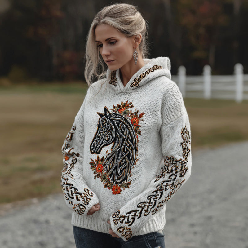 Comstylish Women's Retro Celtic Horse And Floral Pattern Comfortable Hooded Sweater