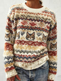 Comstylish Retro Cat Tippet Fair Isle Knitted Fuzzy Crew Neck Sweater
