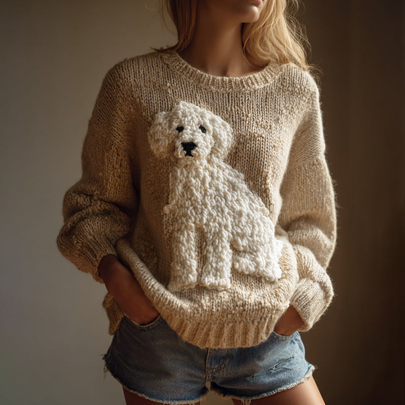 Comstylish Vintage Fuzzy Dog Felt Cozy Knit Sweater
