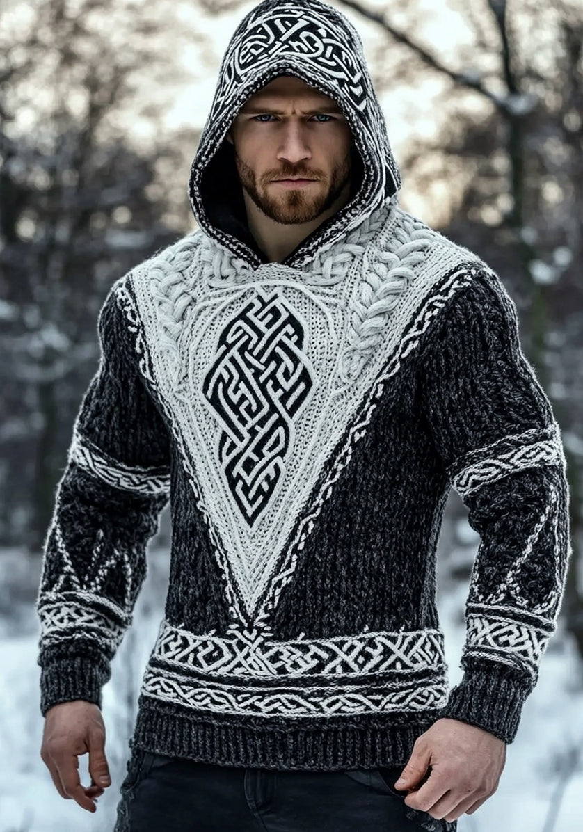 Men's Vintage Viking Celtic Jacquard Chunky Hooded Sweater artswardrobe