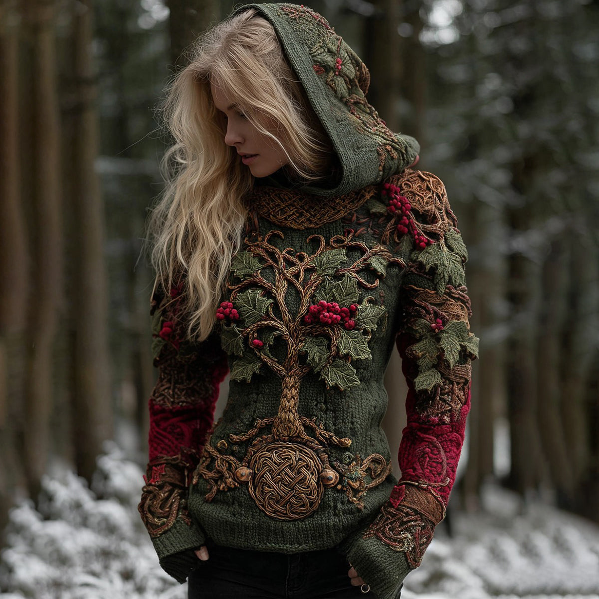 Comstylish Women's Celtic Tree Of Life Christmas Tree Knit Hooded Sweater