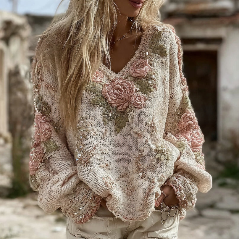 Women's Pink Rose Art V-neck Cozy Pullover Sweater artswardrobe