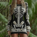 Women's Hot Sexy Style Halloween Skeleton Bones With White Rose Art Cozy Knit Mini Sweater Dress artswardrobe