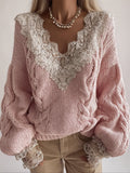 Vintage Lace Patchwork V Neck Cozy Cable Knit Sweater artswardrobe