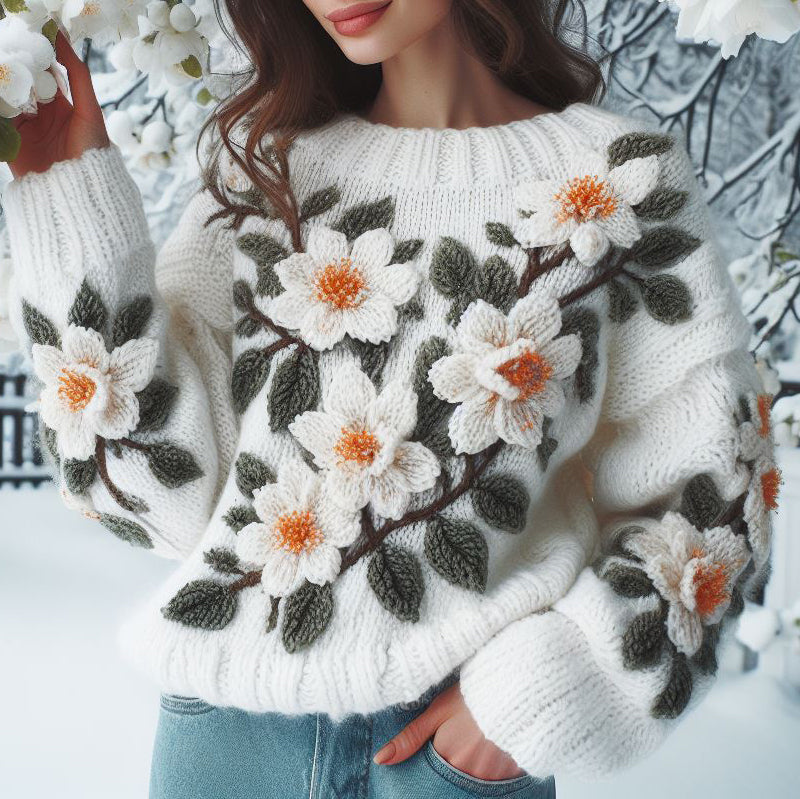 Women'S  Floral Apricot Blossom Jacquard Knit Crew Neck Sweater artswardrobe