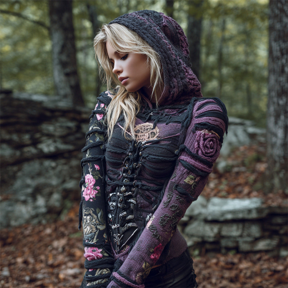 Comstylish Halloween Floral Bandage Art Women's Hooded Knit Sweater