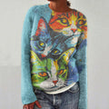 Vintage Colorful Cat Family Art Graphics Crew Neck Cozy Sweater elevenforest