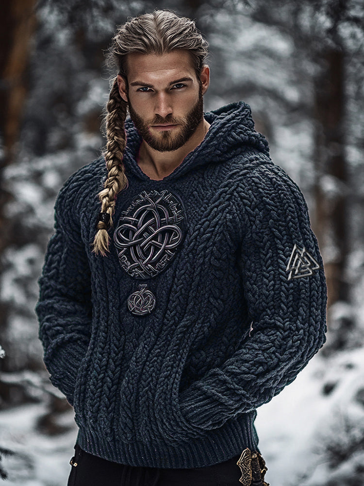 Men's Viking Tribal Jacquard Celtic Inspired Chunky Knit Hooded Sweater elevenforest