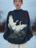Comstylish Vintage Flying Cranes Japanese Art Cozy Knit Sweater