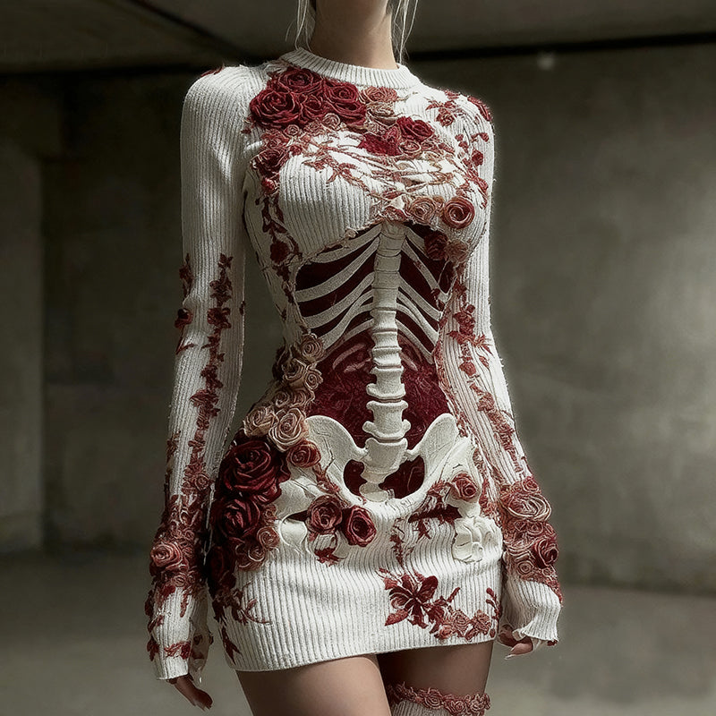 Women's Red Rose Skeleton Art Cozy Knit Mini Sweater Dress artswardrobe