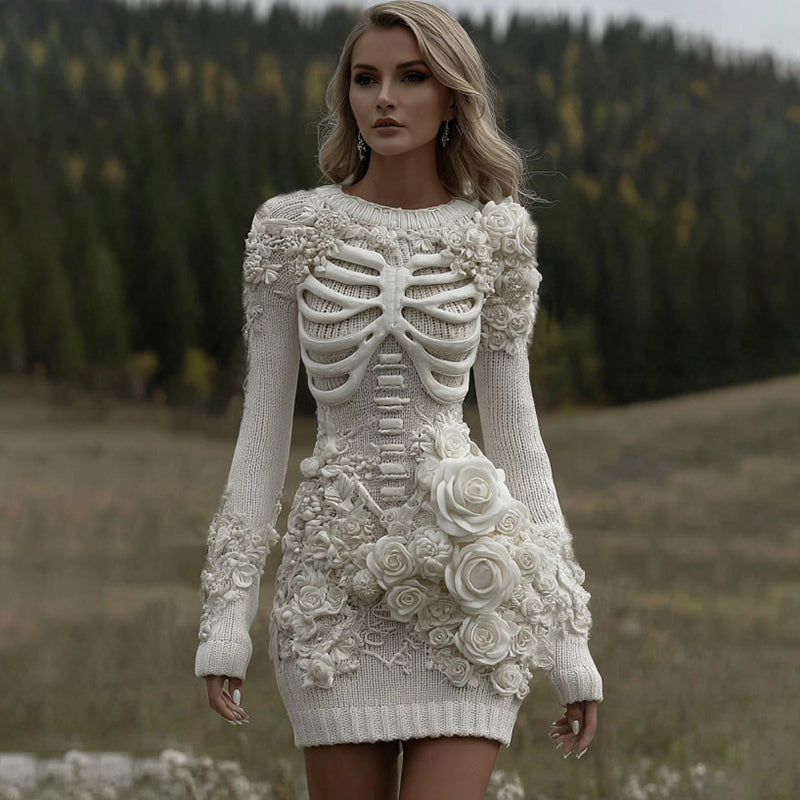 Comstylish Women's Vintage Skeleton With White Rose Art Cozy Sweater Dress