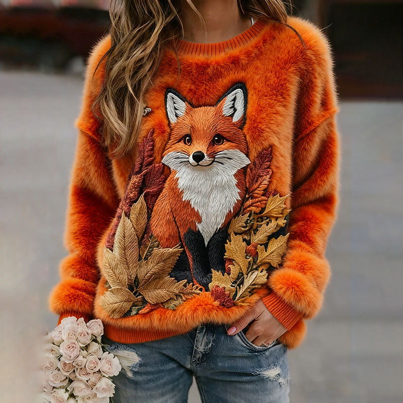 Vintage Fall Fox Autumn Art Women's Cozy Plush Sweater