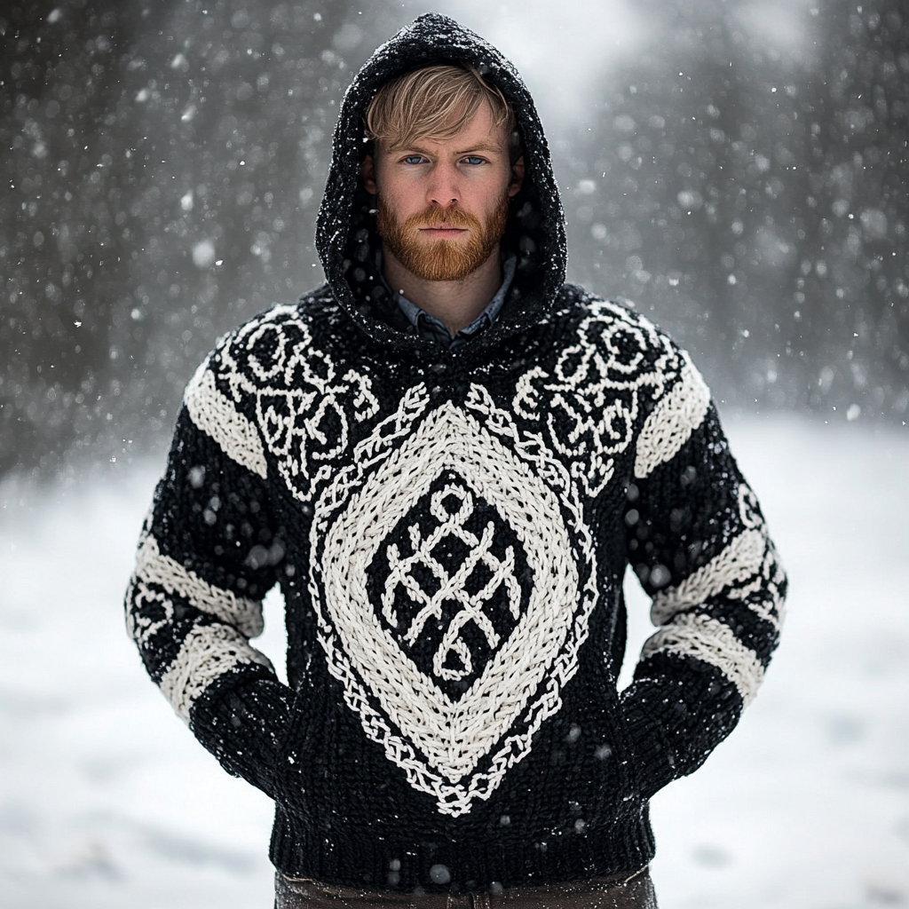 Men's Vintage Viking Celtic Jacquard Chunky Hooded Sweater artswardrobe