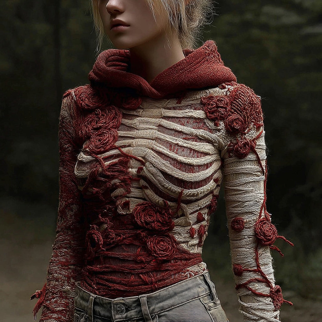 Comstylish Women's Halloween Anatomical Bandage Rose Art Cozy Knit Hooded Sweater