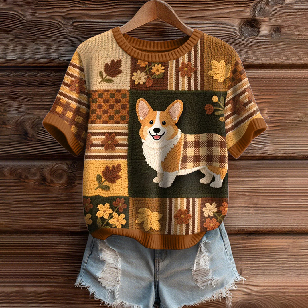 Comstylish Vintage Corgi Dog With Felt In Autumn Inspired Embroidered Short Sleeve Cozy Knit Sweater