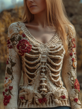 Comstylish Ladies' V-neck Knitted Sweater With Halloween-themed Line Art And Botanical Floral Design.