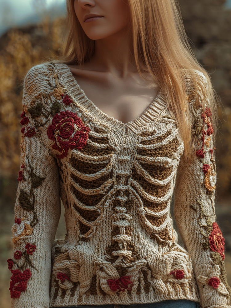 Comstylish Ladies' V-neck Knitted Sweater With Halloween-themed Line Art And Botanical Floral Design.