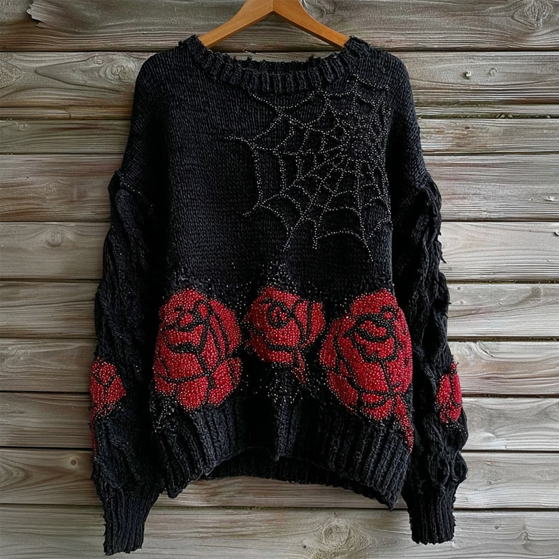 Comstylish Vintage Roses & Spider Web Glitter Embroidered Cozy Sweater