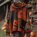 Vintage Patchwork Halloween Pumpkin Face Art Cozy Knit Hooded Sweater elevenforest