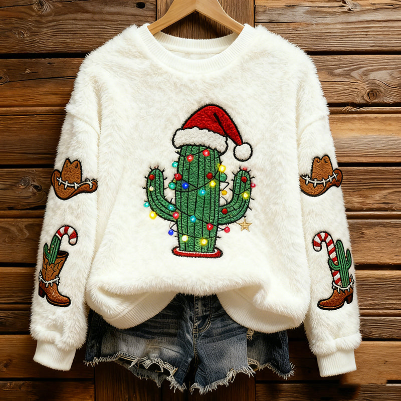 Comstylish Cactus Christmas Hat Pattern Warm Crew Neck Sweater