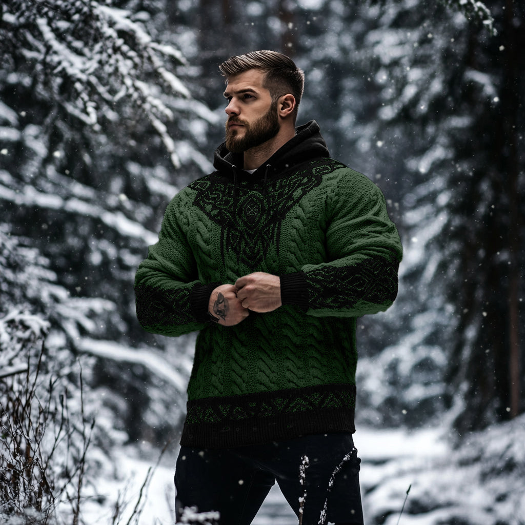 Men's Viking Tribal Jacquard Celtic Inspired Chunky Knit Hooded Sweater artswardrobe