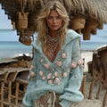 Comstylish Women's Vintage Blue Rose Embroidery Cozy Hooded Sweater