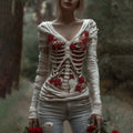 Comstylish Women's Halloween Skeleton Rose Elegant Bandage V-neck Sweater