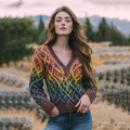 Vintage V-neck Knitted Rainbow Jacquard Irish Aran Sweater artswardrobe