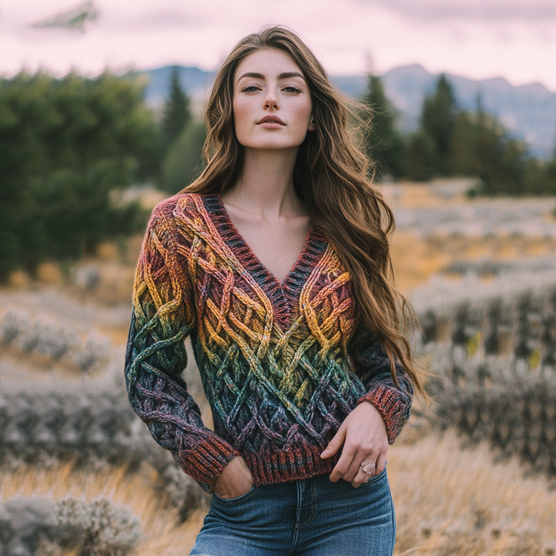 Vintage V-neck Knitted Rainbow Jacquard Irish Aran Sweater artswardrobe