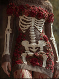 Women's Halloween Skeleton And Rose Round Neck Sweater artswardrobe