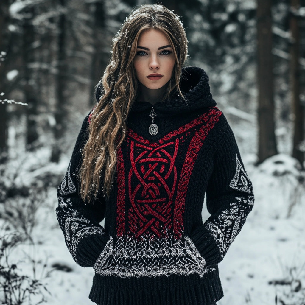 Women's Viking Totem Celtic Knot Retro Pocket Hooded Sweater artswardrobe