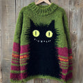 Comstylish Vintage Halloween Black Cat Art Crew Neck Cozy Knit Sweater