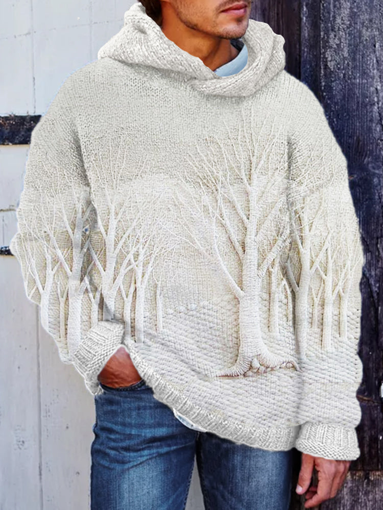 Men's Winter Forest Landscape Crochet Cozy Hooded Sweater artswardrobe
