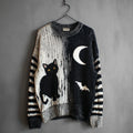 Halloween Black Cat & Bat Contrast Striped Sleeve Knitted Sweater artswardrobe