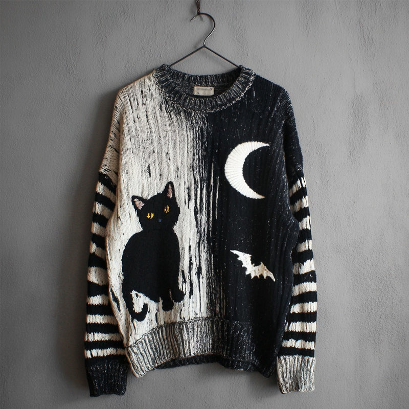 Halloween Black Cat & Bat Contrast Striped Sleeve Knitted Sweater artswardrobe