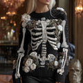 Comstylish Women's Halloween Rose And Skeleton Anatomy Art Round Neck Cozy Sweater