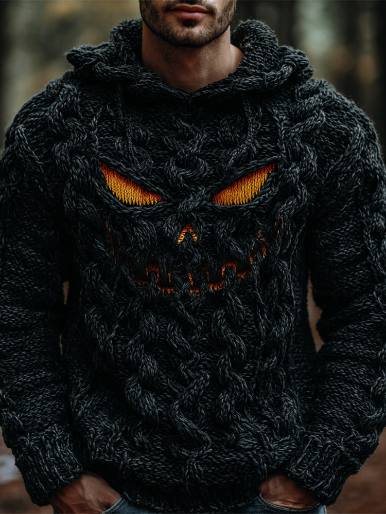Halloween Evil Pumpkin Emoji Men's Chunky Knit Hooded Sweater artswardrobe