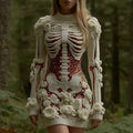 Women's Vintage Halloween Skeleton Bones Rose Art Cozy Knit Mini Sweater Dress artswardrobe