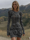 Comstylish Women's Vintage Halloween Skeleton Skull With Rose Art Cozy Sweater Dress