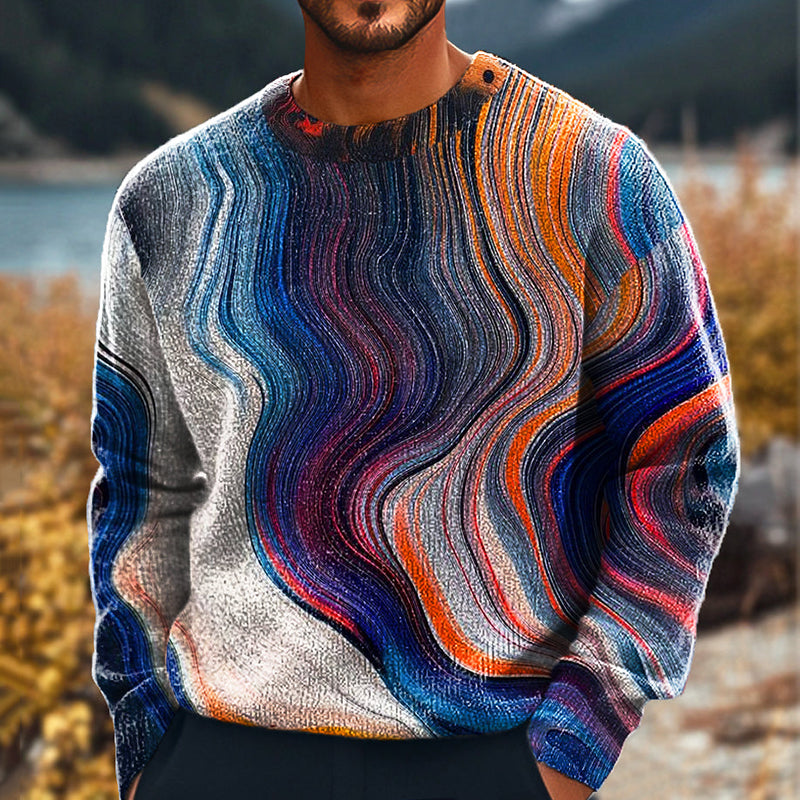 Men'S Fashion Quicksand Line Printed Knitted Crew Neck Sweater artswardrobe