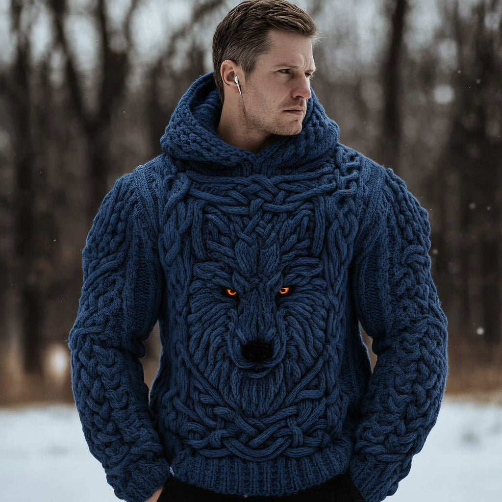Men's Viking Celtic Wolf Knit Chunky Hooded Sweater artswardrobe