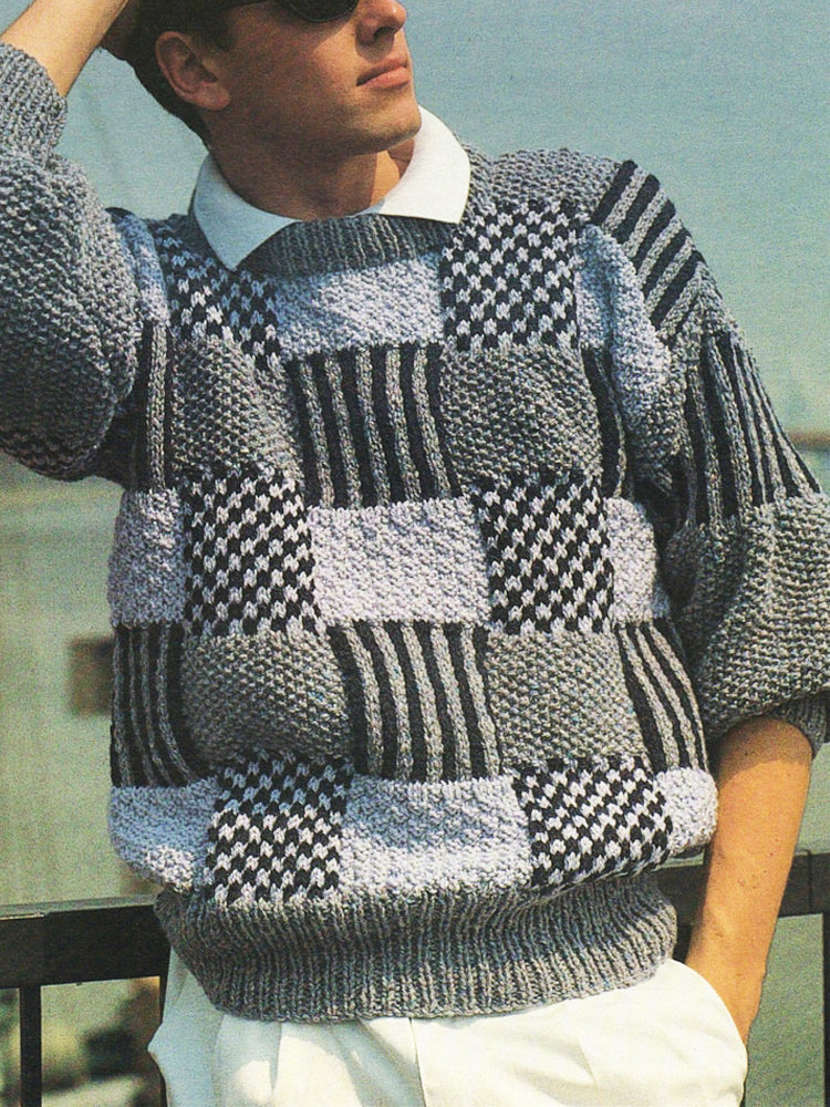 Vintage Plaid Patchwork Knit Men's Icelandic Sweater artswardrobe