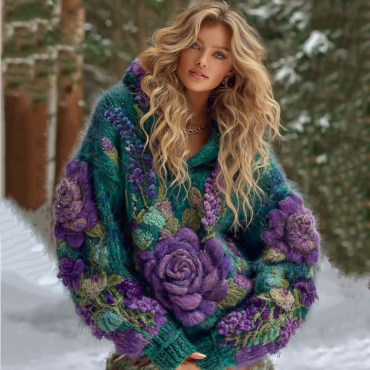 Comstylish Women's Gradient Rose And Floral Knitted Warm Hooded Sweater