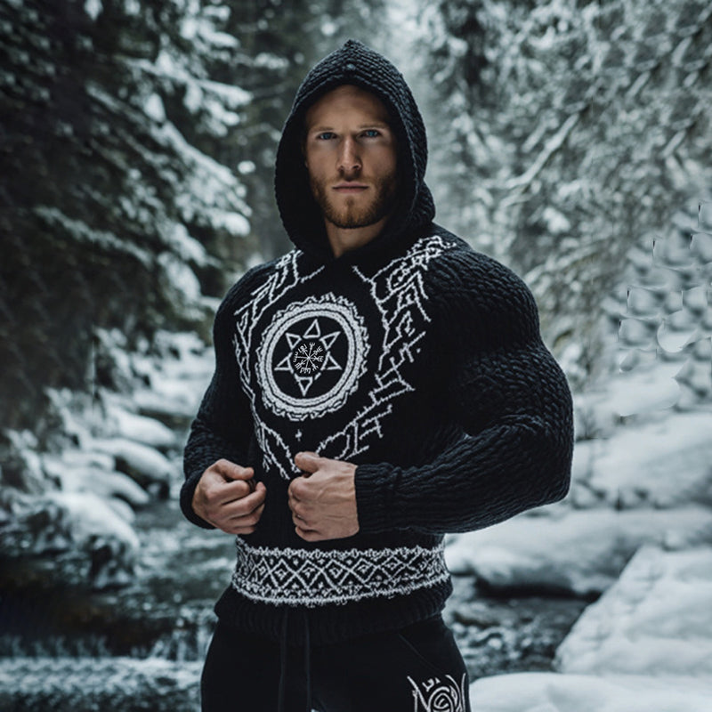 Men's Viking Tribal Jacquard Celtic Inspired Chunky Knit Hooded Sweater artswardrobe